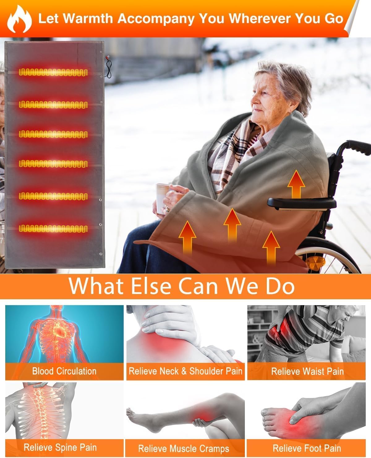 Wearable Heated Blanket Shawl with 3 Heat Settings & Portable USB Power Bank