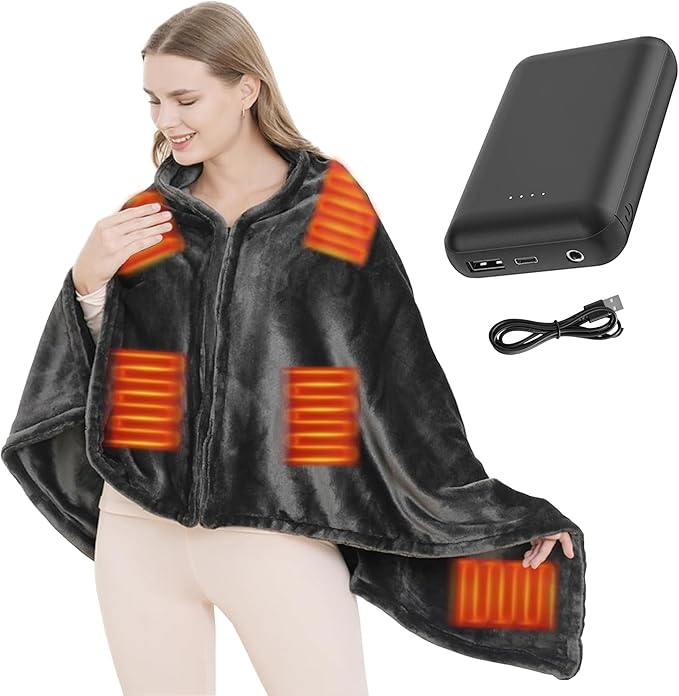 Wearable Heated Blanket Shawl with 3 Heat Settings & Portable USB Power Bank